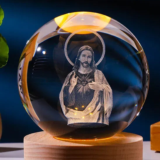 Luminous crystal ball with carved Jesus solid wood base for home decoration