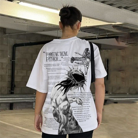 Top Round Neck Jesus Letter Short Sleeve T-Shirt