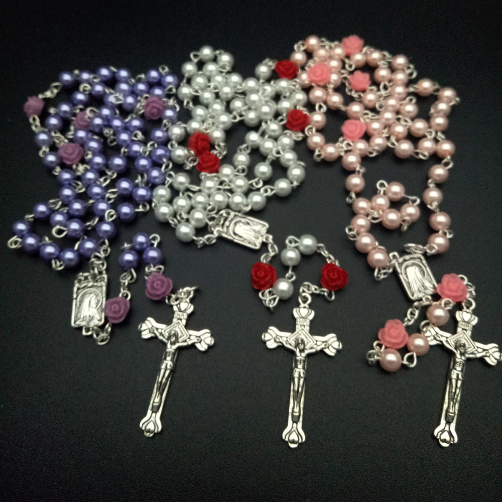 Rosary Necklace; 6mm Rose Flower Pearl, Christian Catholic Jewelry