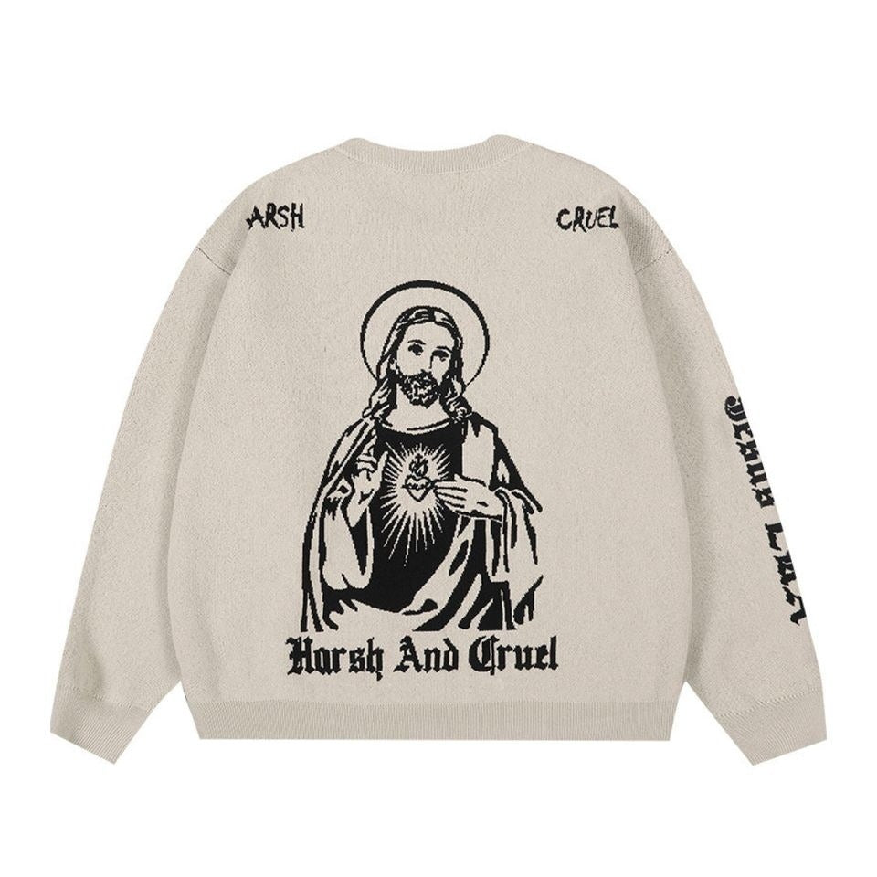 Jesus Graphic Christmas Printed Knit Sweater, Unisex European And American Style Loose Fitting Round Neck Long Sleeved Pullover
