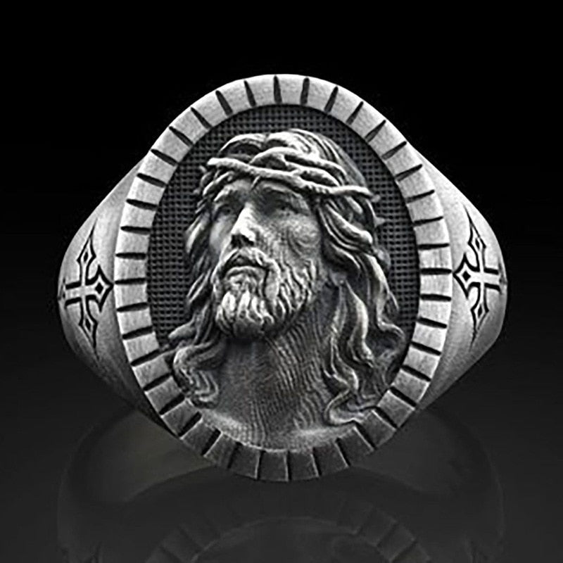 Vintage Silver Color Jesus Ring For Men & Women; Popular Fashion Religious Belief Jewelry