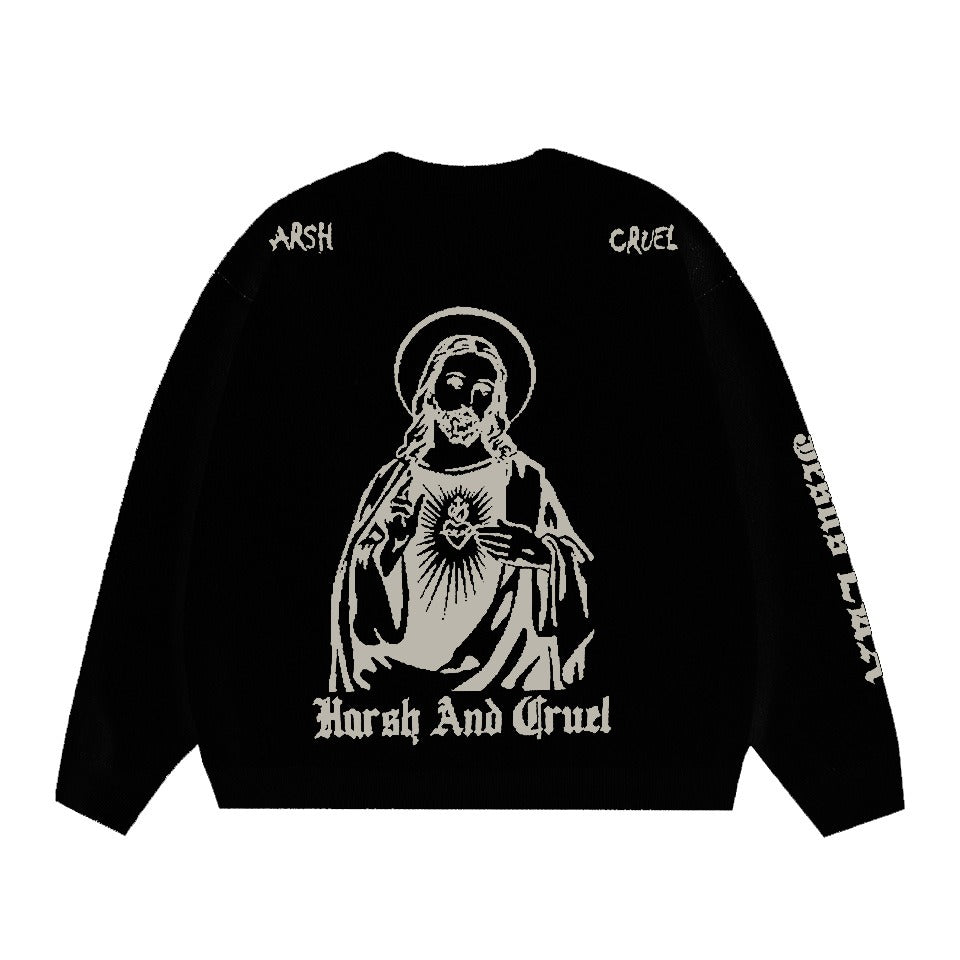 Jesus Graphic Christmas Printed Knit Sweater, Unisex European And American Style Loose Fitting Round Neck Long Sleeved Pullover