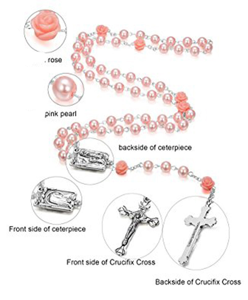 Rosary Necklace; 6mm Rose Flower Pearl, Christian Catholic Jewelry