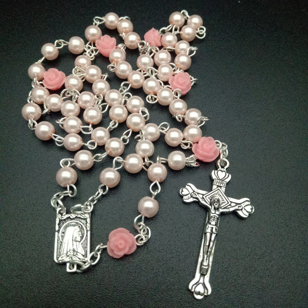 Rosary Necklace; 6mm Rose Flower Pearl, Christian Catholic Jewelry