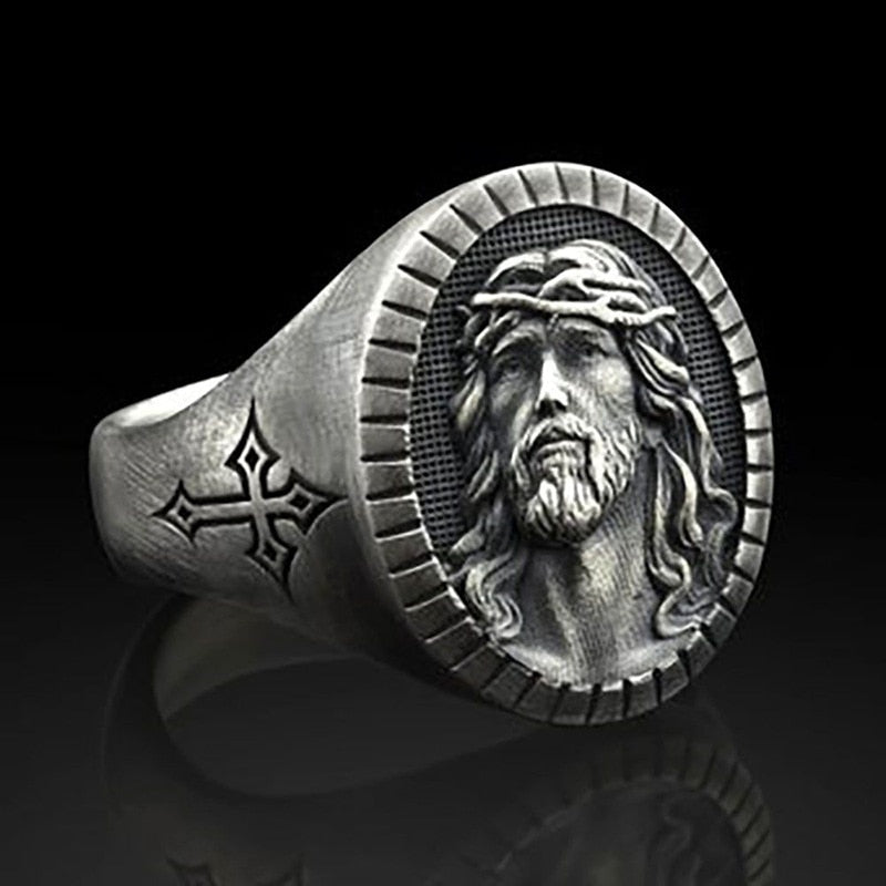 Vintage Silver Color Jesus Ring For Men & Women; Popular Fashion Religious Belief Jewelry