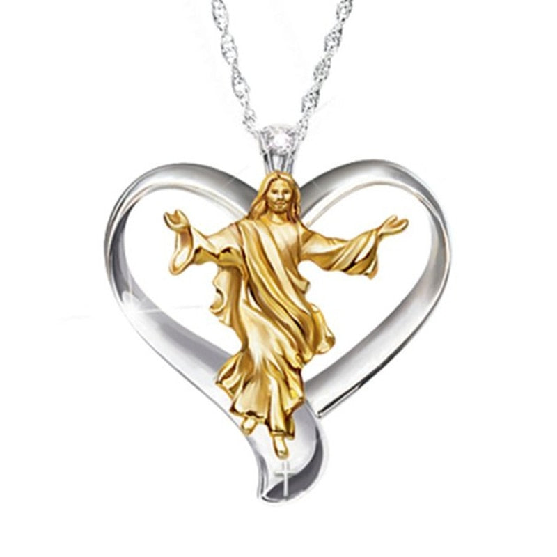 Heart Jesus Necklaces Gold and Silver Two-tone Clear Round Zirconia Alloy Pendant Necklace
