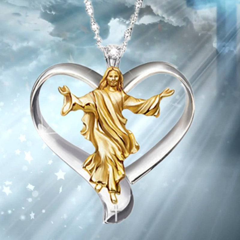 Heart Jesus Necklaces Gold and Silver Two-tone Clear Round Zirconia Alloy Pendant Necklace