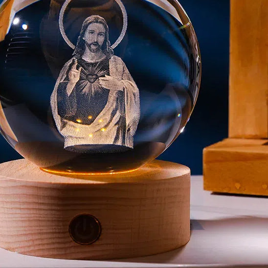 Luminous crystal ball with carved Jesus solid wood base for home decoration