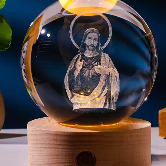 Luminous crystal ball with carved Jesus solid wood base for home decoration