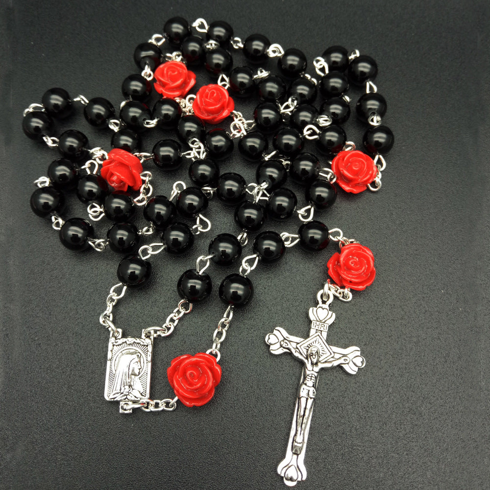 Rosary Necklace; 6mm Rose Flower Pearl, Christian Catholic Jewelry